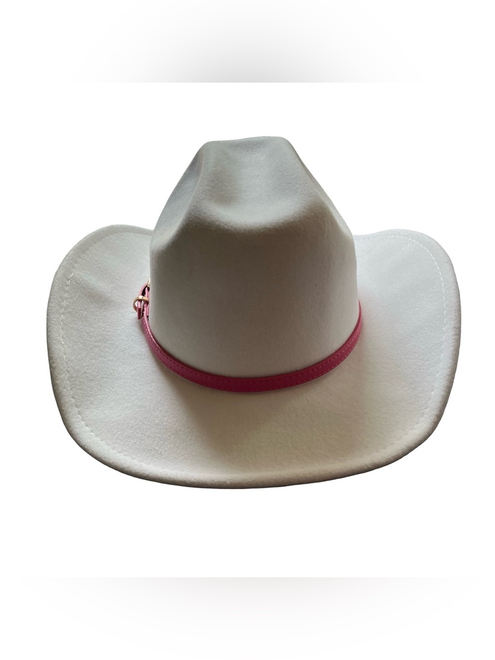 White Felt Cowboy Hat Pink Belt Buckle Rodeo Western Cap Brim Horses Costume - Picture 6 of 12